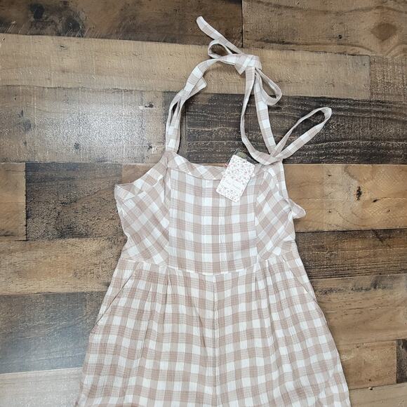 NWT Free People Seersucker Plaid Neutral Gingham Wide Leg Jumpsuit‎ Womens 8 - Picture 7 of 16
